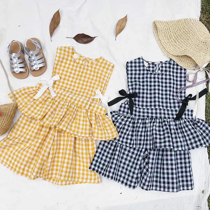 

2Pcs/Set Children Summer Comfortable Plaid Print Sleeveless T-shirt Round Collar Casual Vest+Wide Leg Pants