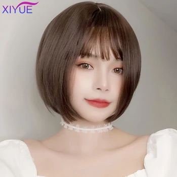 

XIYUE Straight Black Synthetic Wigs With Bangs For Women Medium Length Hair Bob Wig Heat Resistant Bobo Hairstyle Cosplay Wigs