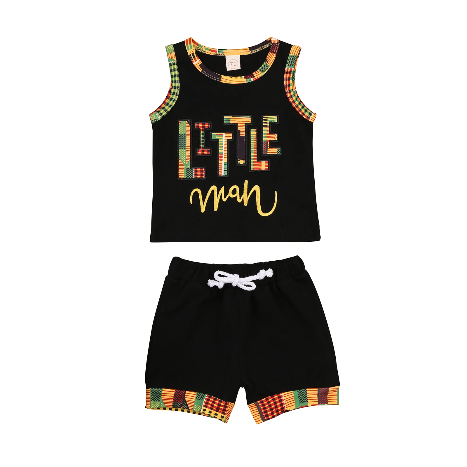 0-24M Little Men Print Two-pieces Outfits Toddler Baby Infant Boy's O-neck Sleeveless Rainbow Striped Tops High Waist Shorts Set |