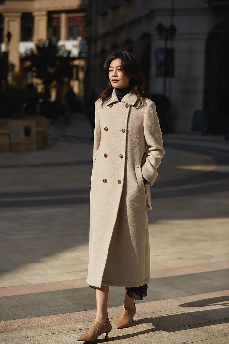 Зимнее длинное шерстяное пальто, женские пальто, женское корейское двубортное пальто, дизайнерское пальто из альпаки, коричневый пояс, шерстяное пальто, роскошная парка