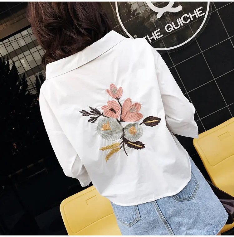 Elegant White Blouse Shirt Women Cotton Embroidered Blouse Casual Batwing sleeve Tops Korean Clothes