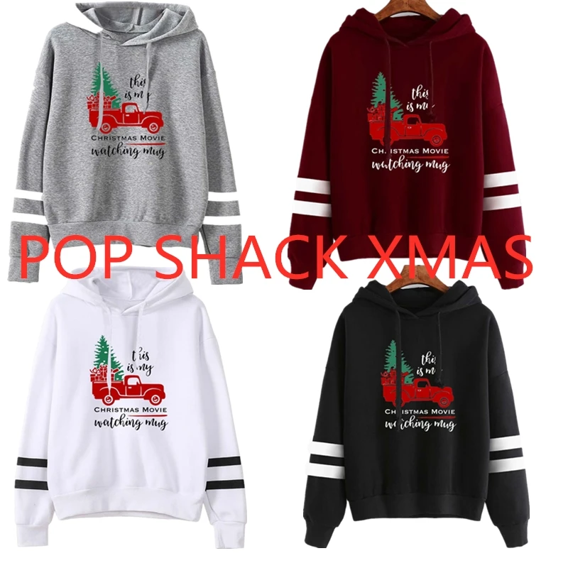 Women Hoodie Christmas Cartoon Truck Christmas Tree Print Stripe Red Long Sleeve Hoodies Sweatshirt Pullover Top Adults Girls