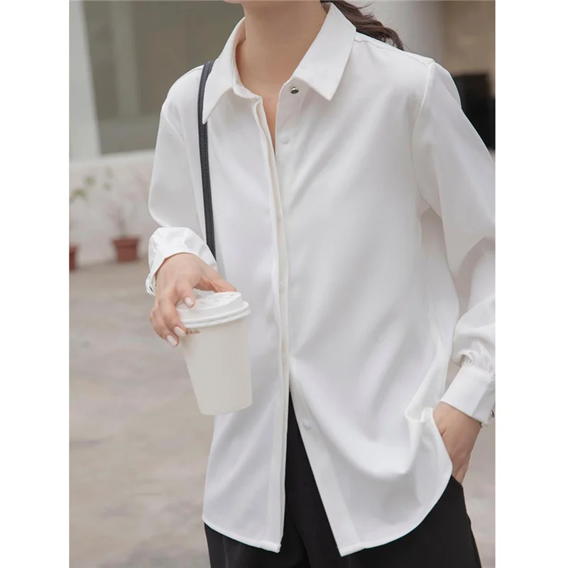 Aelegantmis Soft Office Lady White Shirt for Women Blouse Turn-down Collar OL Woman Blouse Covered Button Design Femme Tops New 3
