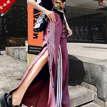 

Women Autumn Fashion High Waist Harakuju Pants Female Casual Sexy Split Single Button Long Trousters Vintage Loose Street Bottom