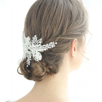

NPASON Fashion Crystal Pearl Wedding Bridal Hair Clip Handmade Women Large Silver Hair Accessories Clips