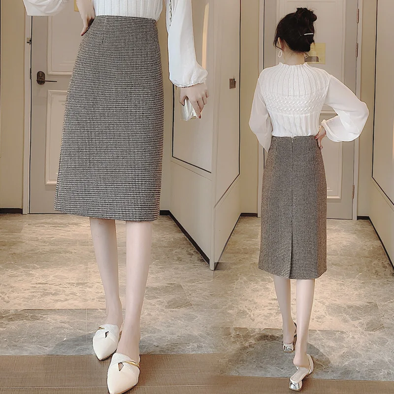 

Sutimine 2020 Women Long Sweater Skirt Winter Plaid Woolen High Waist Lady Bodycon Slimming Knitting Elastic Split Female Skirt