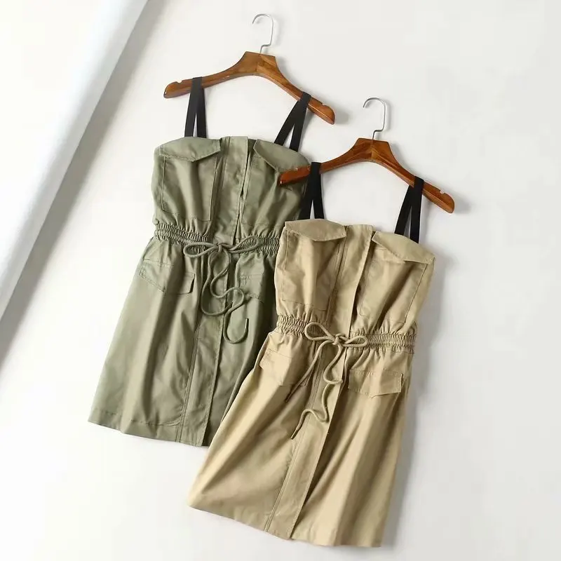 

Western Style Handsome Versatile Elastic Waist Drawstring Lace-up Workwear Strapped Dress 2019 New Style Sleeveless Short Skirt