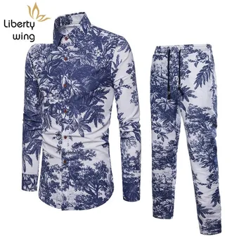 

Fashion Folk Floral Printed Tracksuit Men Casual Two Piece Suit Shirts Drawstring Sweatpants Plus Size M-5XL Ensemble Homme Sets