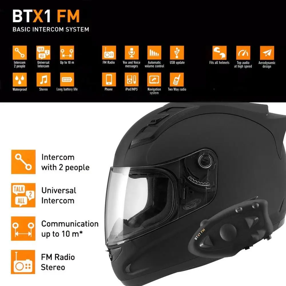 Черная прочная BTX1 мотоциклетная нашлемная телефонная гарнитура Hands-free Interphone FM Rider-to-Passanger Интерком