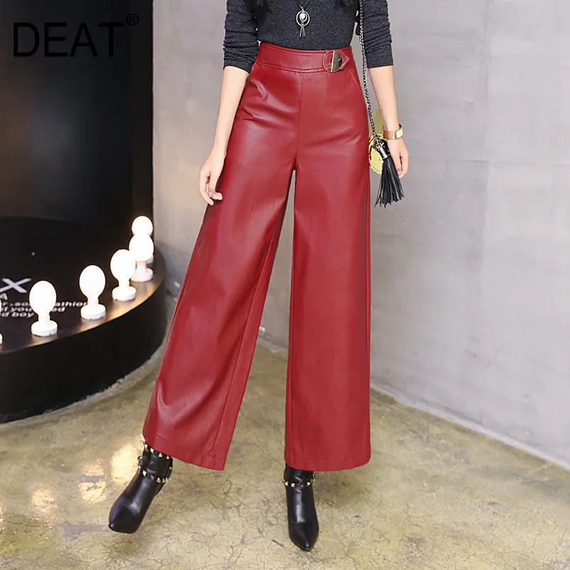[DEAT] Новинка, модные трендовые уличные стильные однотонные женские брюки высокого качества из искусственной кожи с широкими штанинами AT623