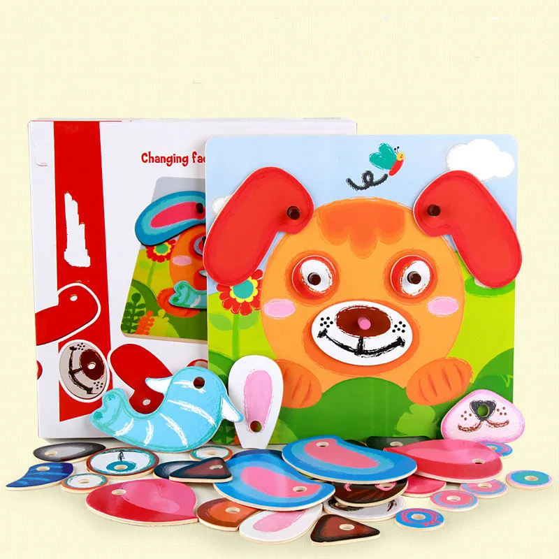 Деревянные животные головоломки игрушки 3D изменение лица развивающие игрушки детские интеллектуальные обучающие игрушки для детей подарки