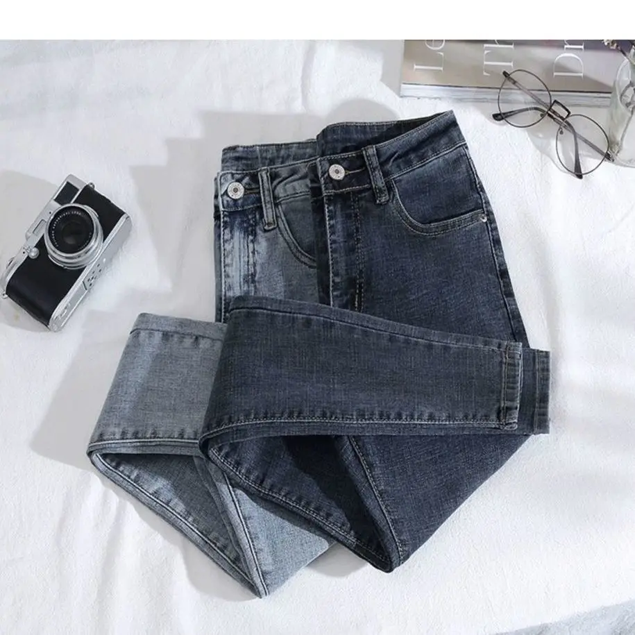Tanie Spodnie jeansowe damskie duże rozmiary wysoka talia wiosna jesień obcisłe sklep