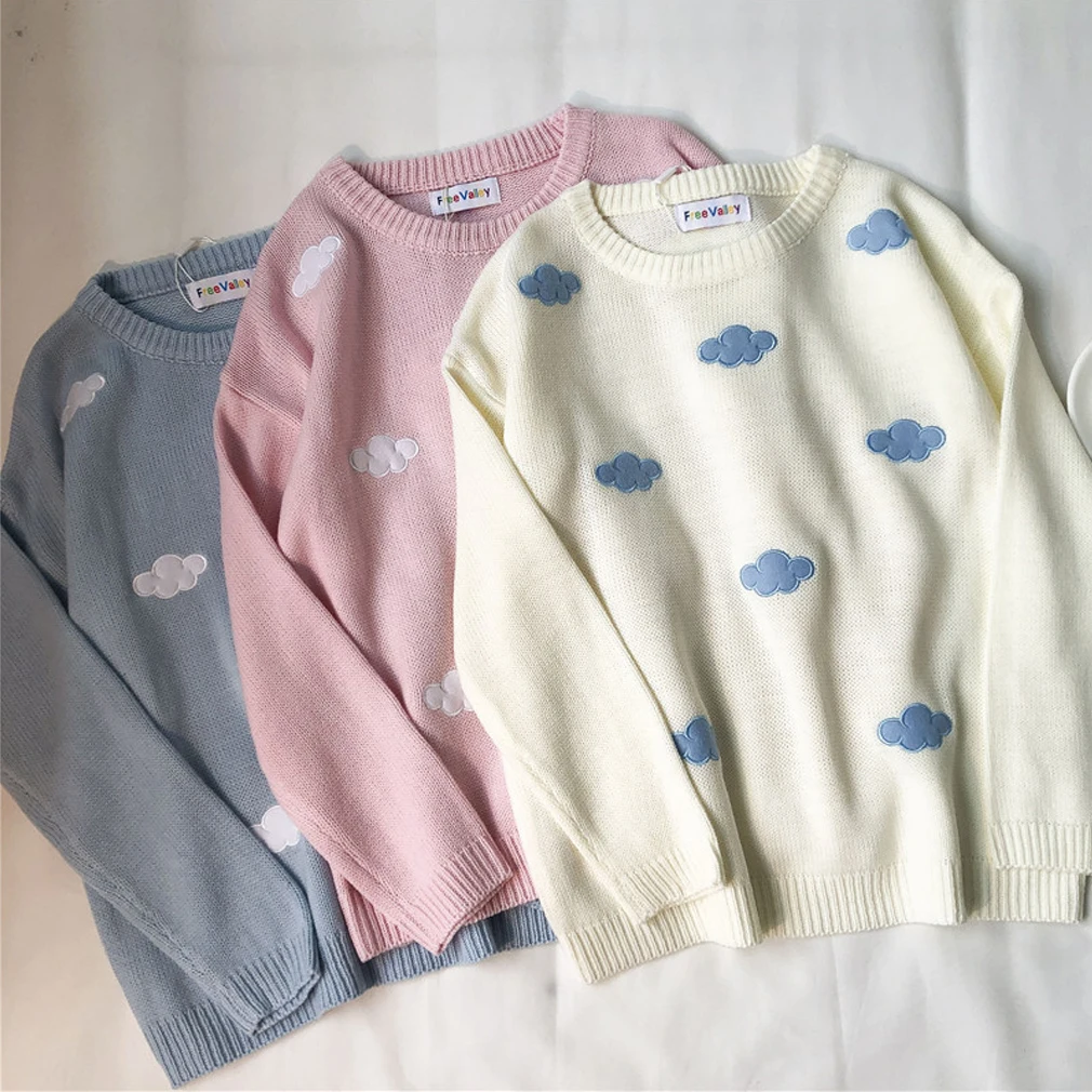 

Women knitted sweater long sleeve Vintage Loose Thick Clouds Sweater Female Korean Cute College Harajuku Clothing For Women 2021
