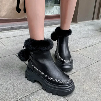 

Women's genuine leather platform flats ankle boots warm plush winter cold weather waterproof Non-slip snow boots shoes for women