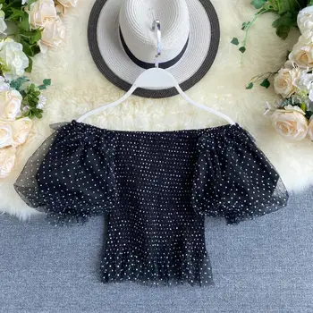 

2020 Summer Korea Fashion Women Casual Sweet Short Polka Dot Slash Neck Puff Sleeve Blouse and Top H497
