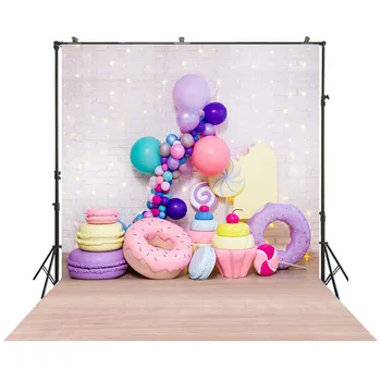 

HUAYI white brick wall with wooden floor backdrop Donut ice cream and balloons photo background baby shower decorations W-4168