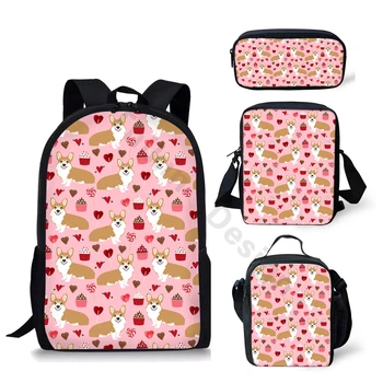 

THIKIN School Bags 4Pcs/Set Kids Girls Backpack with Cartoon Corgi Print Pink Schoolbag Teenager Cute Book Bag Custom Mochila
