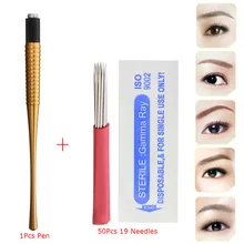 Профессиональный сплав золота микролезвие для татуировок ручка tebori бровей глаз губ постоянный макияж ручная машинка с 50 шт. круглые 19 игл
