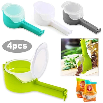 

4 Pack Food Storage Bag Sealing Clips with Pour Spouts, Chip Bag Clips Great for Kitchen Food Storage and Organization