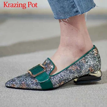 

Krazing Pot shiny gorgeous bling fashion buckle straps slip on loafers shoes pointed toe metal med heels beauty lady pumps L9f5
