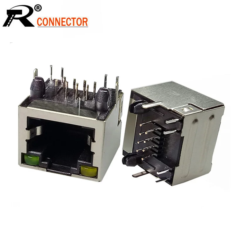 100 шт./лот 8P8C RJ45 PCB монтажный разъем с желтым и зеленым светодиодным индикатором