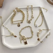 Пять корейских стилей Золотой металлический подвесной орнамент натуральная цепочка с жемчугом и стразами браслеты для женщин девушек вечерние Ювелирные изделия Подарки