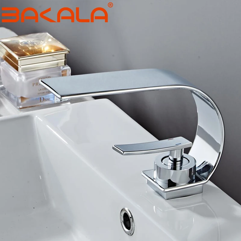 Copper Single Hole Dual Handles Hot and Cold Basin Mixer Faucet Creative Waterfall Water Outlet Bathroom Vessel Sink Mixer Taps
