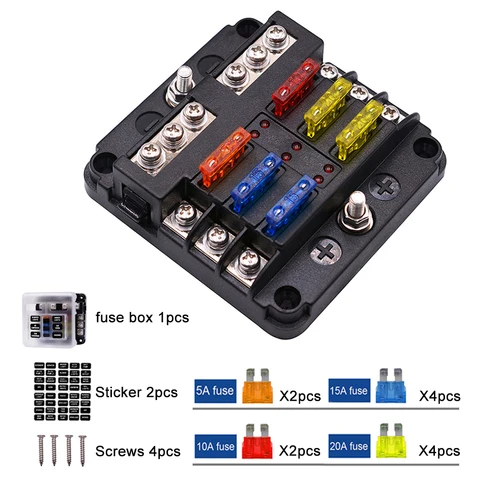 36V Fuses for Cars Cover Fuse Box Holder M5 Stud With LED Indicator Light 6 Ways 12 Ways Blade for Auto Car Boat Truck Trike