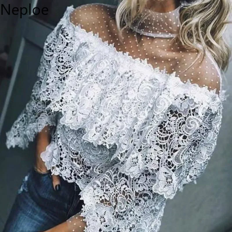 Neploe Stand Collar Lace Patchwork Blouse Sexy Hollow Out Hook Flower Shawl Blusas Short Sleeve Dot Irregular Shirt 48543 | Женская