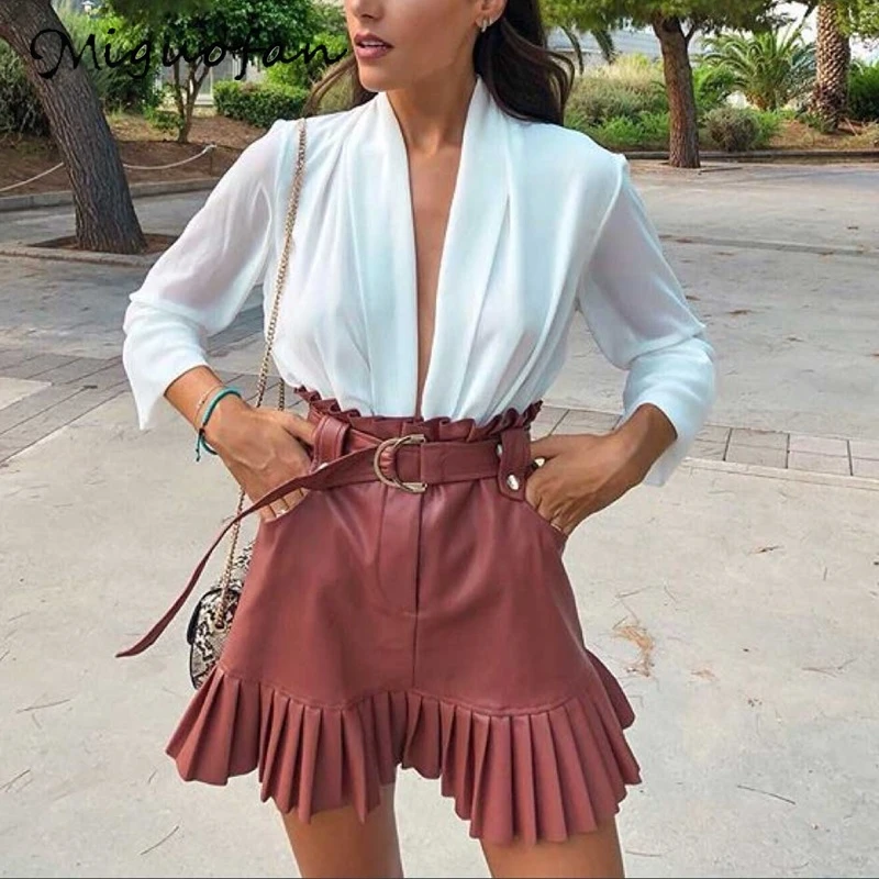 

Miguofan women skirt pleated skirts Ruffled Sash belt PU leather high waist female mini skirtParty club adies sexy short skirt