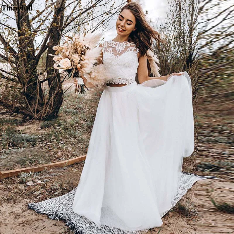 

Thinyfull Two Pieces Beach Wedding Dresses Lace Appliques Illusion Boho Country Mariage Gowns A-Line Princess Abito Da Sposa