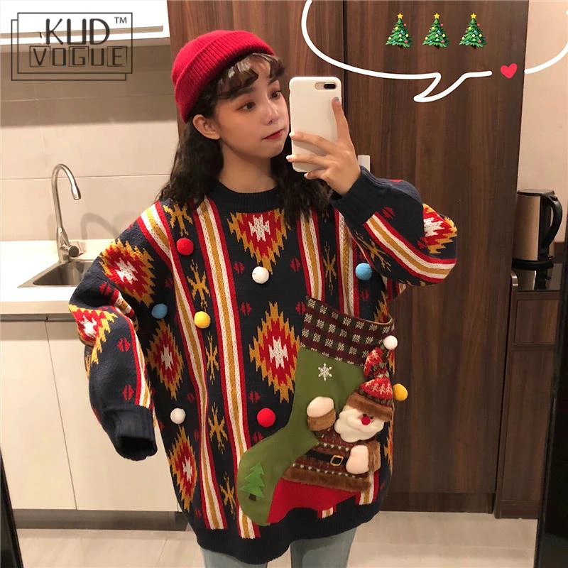 

Korean Winter Ugly Christmas Sweaters Pullover Women Jumper Oversized Knitted Lovers Red Sweater Long Sleeve O-neck Snowman Tops
