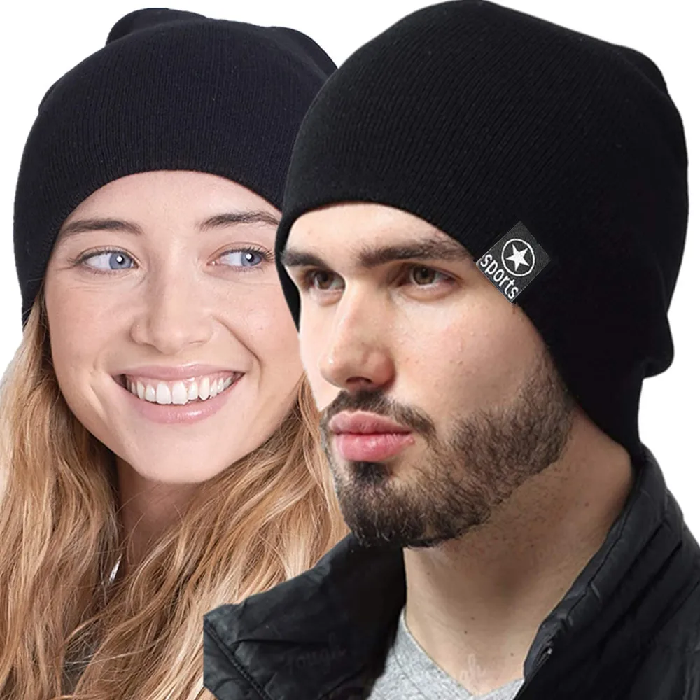 New Unisex Winter Hats Solid Color Knitted Hats For Men And Women Star Sports Beanie Cap Outdoor Add Fur Lining Warm Ski Hats