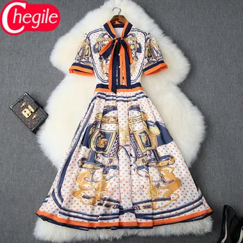 

Novelty Women Summer Dresses 2019 European Short Sleeves Fashion Bow Collar A-Line Elegant Love Printed Patchwork Luxury Dress