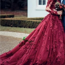 Мусульманская Иллюзия с длинным рукавом аппликации 3D Цветы пышные платья Саудовская Аравия девушки Пышное Платье официальная Вечеринка