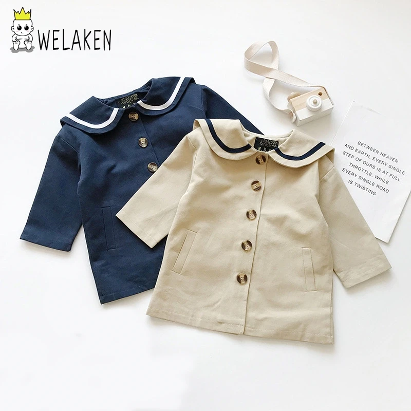 

weLake College Style Babe Fall Spring Outwear&coats Doll Collar Long Sleeve Khaki And Blue Coat For Toddler Babes Children