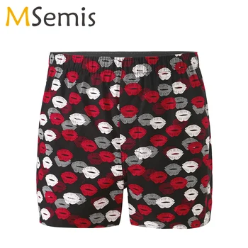 남성 복서 반바지 코튼 립 인쇄 패턴 속옷 남성 캐주얼 스포츠 Homewear 남성 느슨한 팬티 남성 수면 속옷