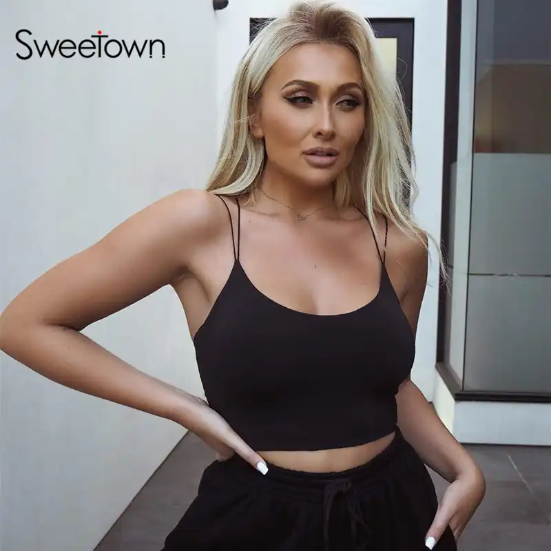 Sweetown クロス背中セクシーな Bralette クロップトップ女性ジム服黒オフショルダーストラップレスタンクトップ夏のストリート白 Aliexpress