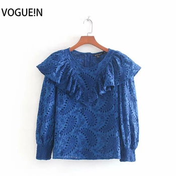 

VOGUEIN New Womens Floral Embroidery Hollow O-Neck Long Sleeve Blue Blouse Top Shirt Wholesale
