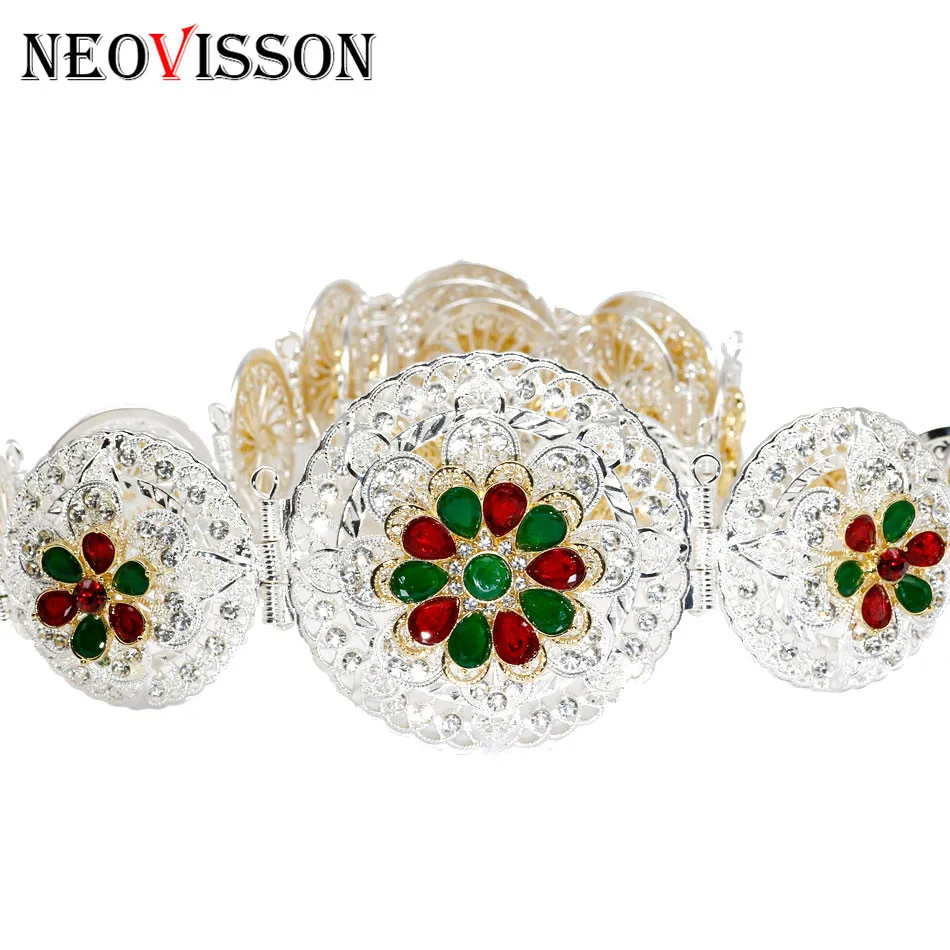 

NEOVISSON Gold Silver Double Color Plating Crystal Flower Metal Waist Belt for Women Morocco Caftan Waist Chain Wedding Jewelry