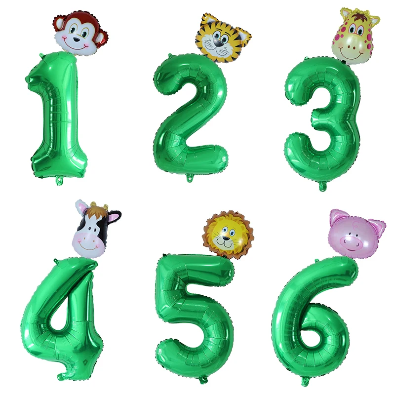 

30'' green Number foil Balloons jungle animal Ballon Monkey giraffe lion boy girl 1 2 3 year Birthday Party boy girl Photo props
