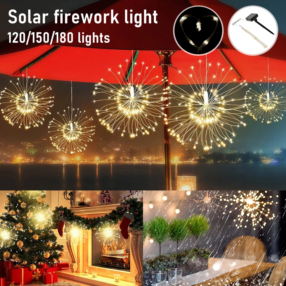 

Outdoor LED Solar Fireworks Lights 120/150/180 LEDs Waterproof String Fairy Light for Home Garden Street Christmas Decoration