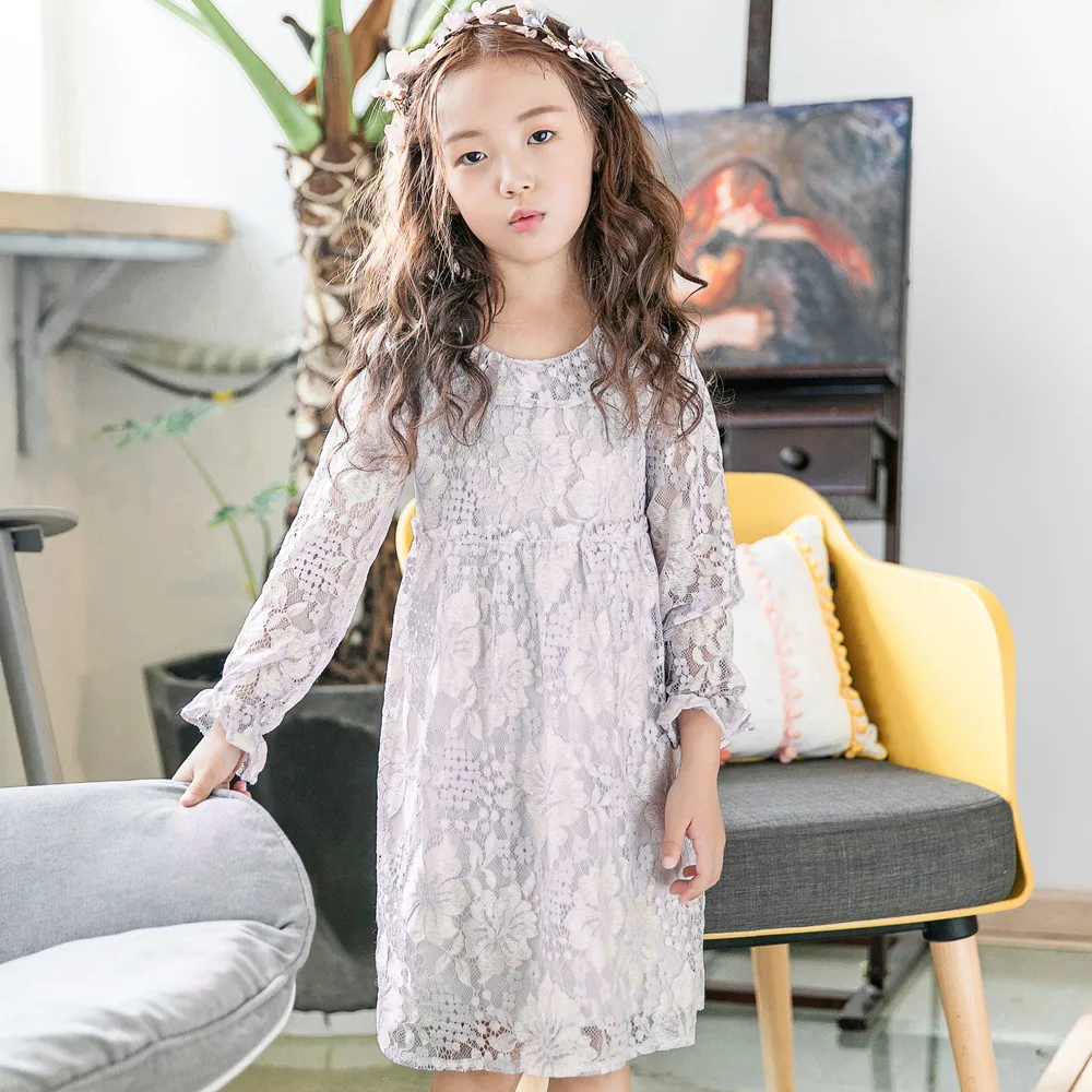 Платье для девочек кружевное детское платье Весна-Осень с длинными рукавами