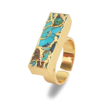 

Fashion Rectangle Natural Turquoises Stone Adjustable Rings in Gold High Quality Blue Stone Cuff Rings for Women Men Rings