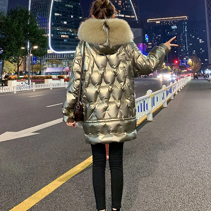 Maternity Winter Long Windbreaker Bright Face Down Padded Jacket Pregnancy Woman Hooded Thicken Loose Parkas With Big Fur Collar