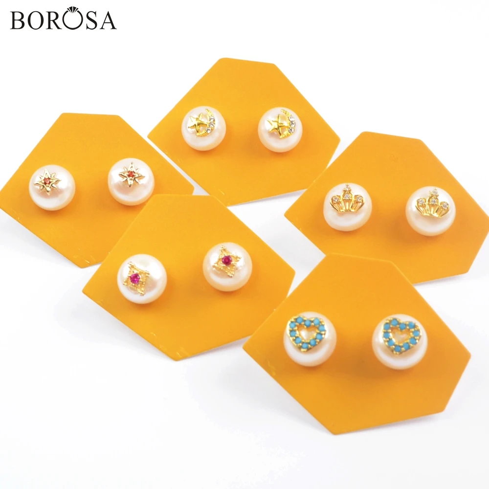 BOROSA серьги из натурального жемчуга, 10 пар, элегантные, 11 мм., много фианитов, с покрытием из натурального пресноводного жемчуга, серьги-гвоздики для женщин, повседневные ювелирные изделия G1918