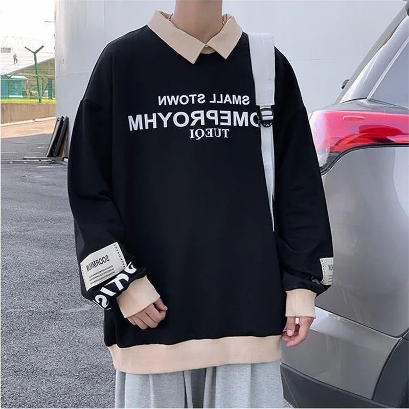 

Осенняя рубашка-поло, Мужская футболка с длинным рукавом для мужчин, женщин, студентов, Корейская свободная толстовка с принтом и прострочкой, трендовый Топ унисекс