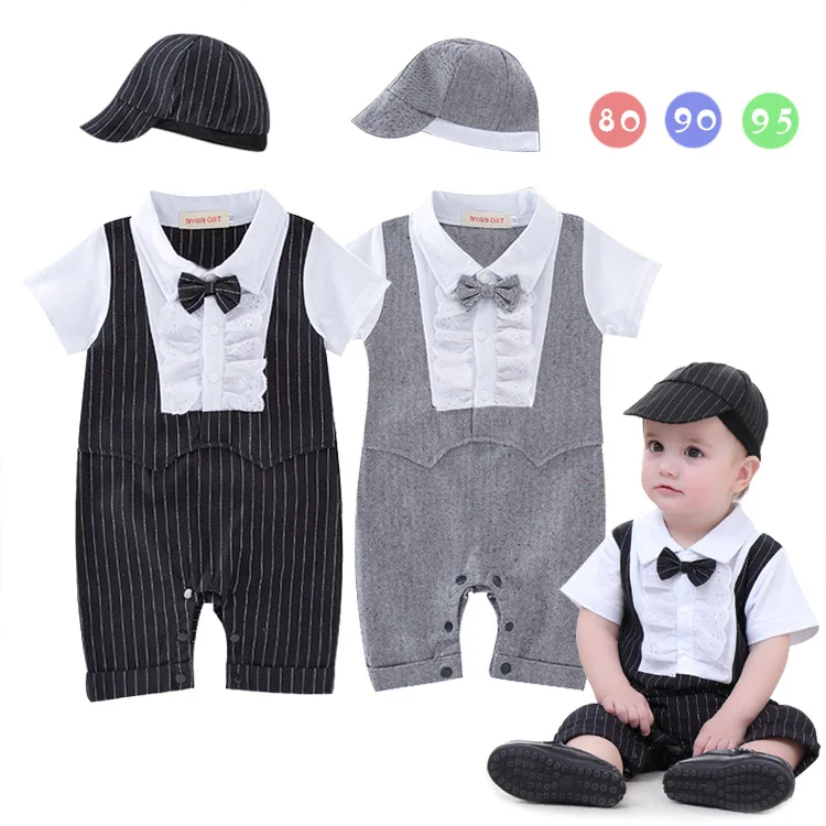 

New Style Summer Infant Childrenswear BOY'S Gentleman Romper Lace Short Sleeve Onesie/Crawling Clothes with Hat