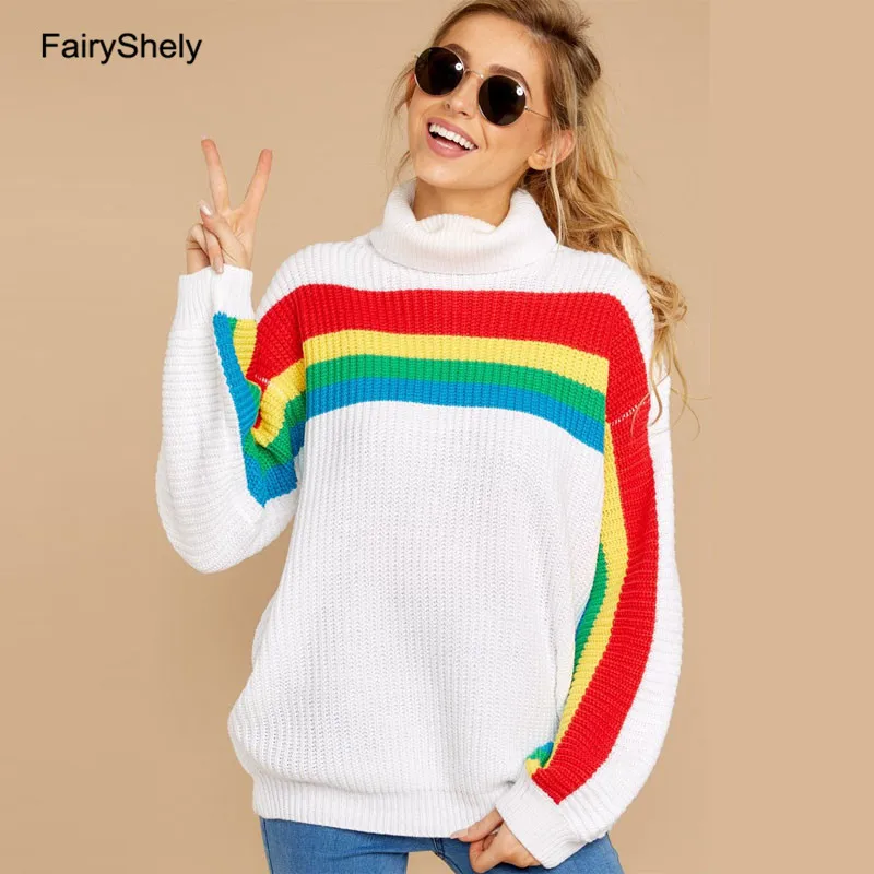 

Winter Turtleneck Rainbow Knitted Sweater Women 2019 Casual Loose Oversize Warm Cashmere Sweater Pullovers Female Jumper Tops