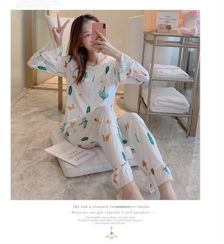 Wontive Autumn Women Long Sleepwear Suit Home Women Gift Female Sleepwear Cartoon female big plus size womens pajamas Sets